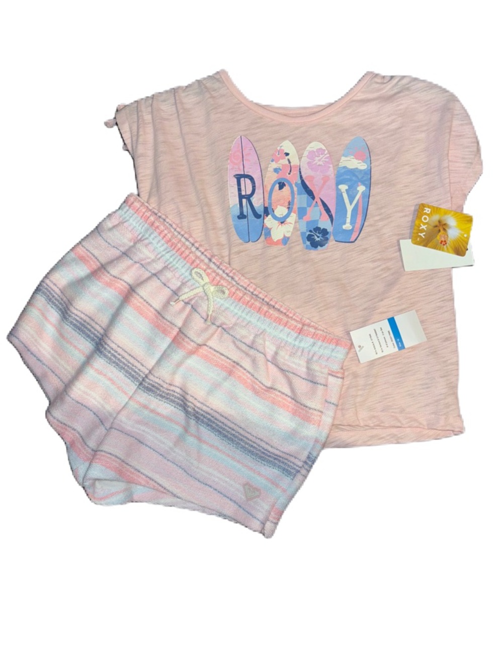 Roxy Pastel Pink Surfboard Graphic Tee & Striped Lounge Shorts set Girls Size 12 - Picture 2 of 9